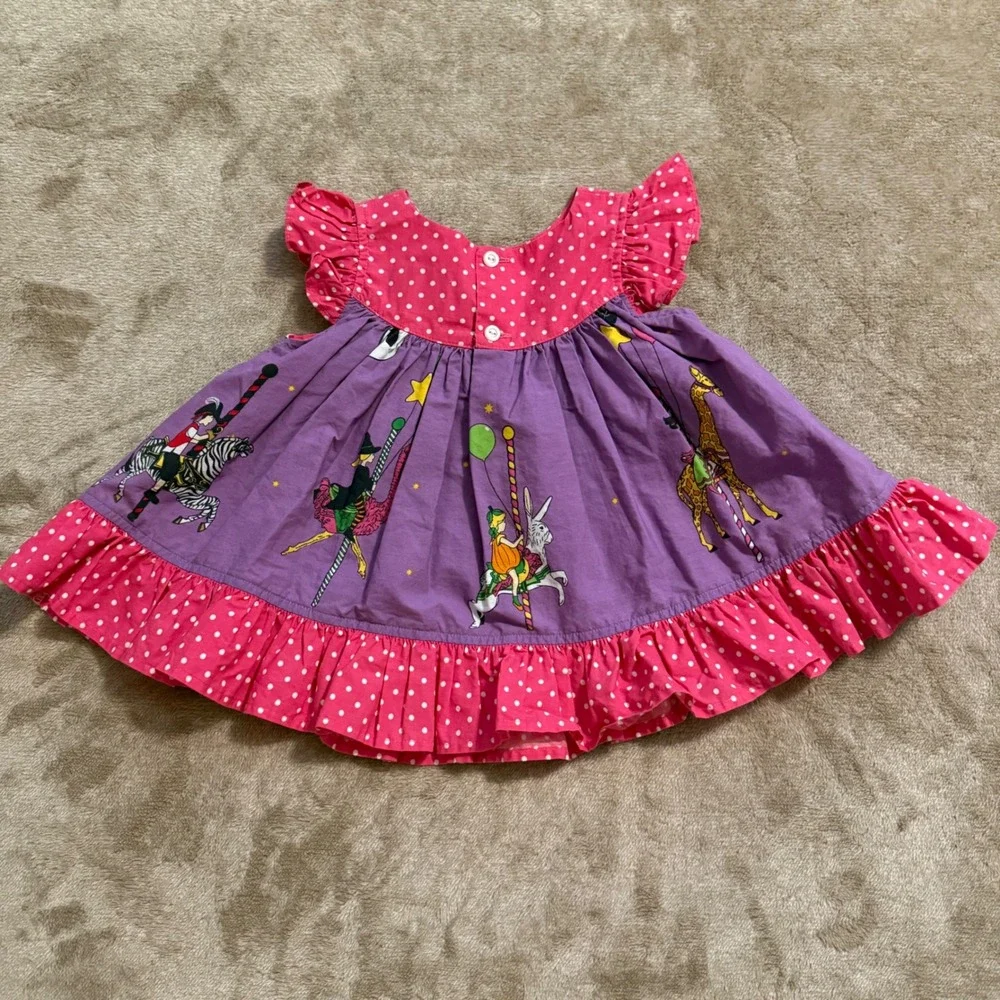 Eleanor Rose Girls Carousel Animal Polka Dot Ruffle Dress Purple Pink 6M